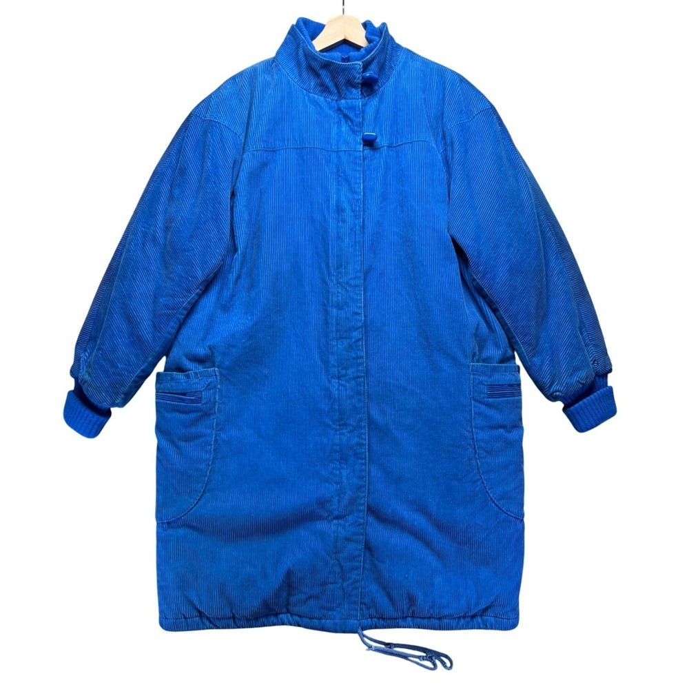 Windy Weather Vintage Blue Corduroy Longline Quilted Coat Fleur De Lis Size 14